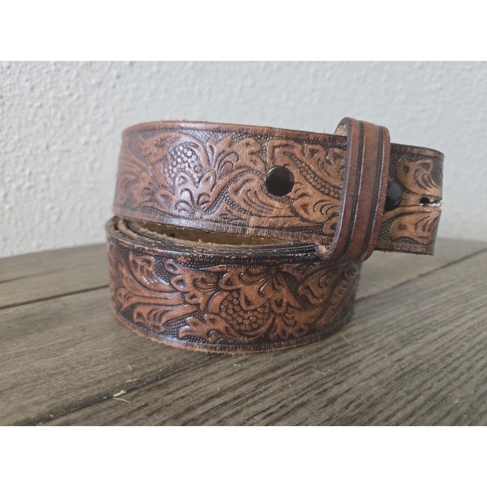 Vintage Men's Brown Western Scroll Tooled Leather Belt 47" NO Buckle Cowboy